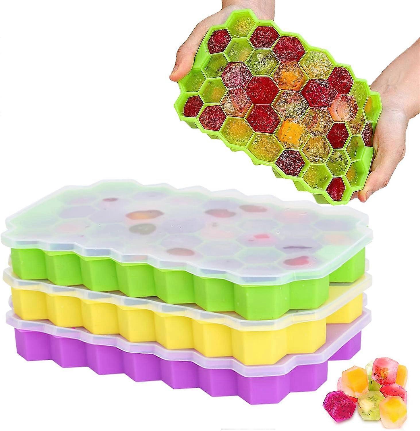 3 silicone ice trays with lids, stackable flexible ice cube molds for freezer, easy DIY (green purple yellow)