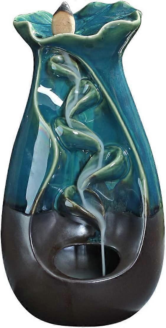 Keramisk tilbakestrømning røkelsesbrenner, tilbakestrømning foss røkelsesbord, hjemmekontor aromaterapi ornamenter (svart + blå)