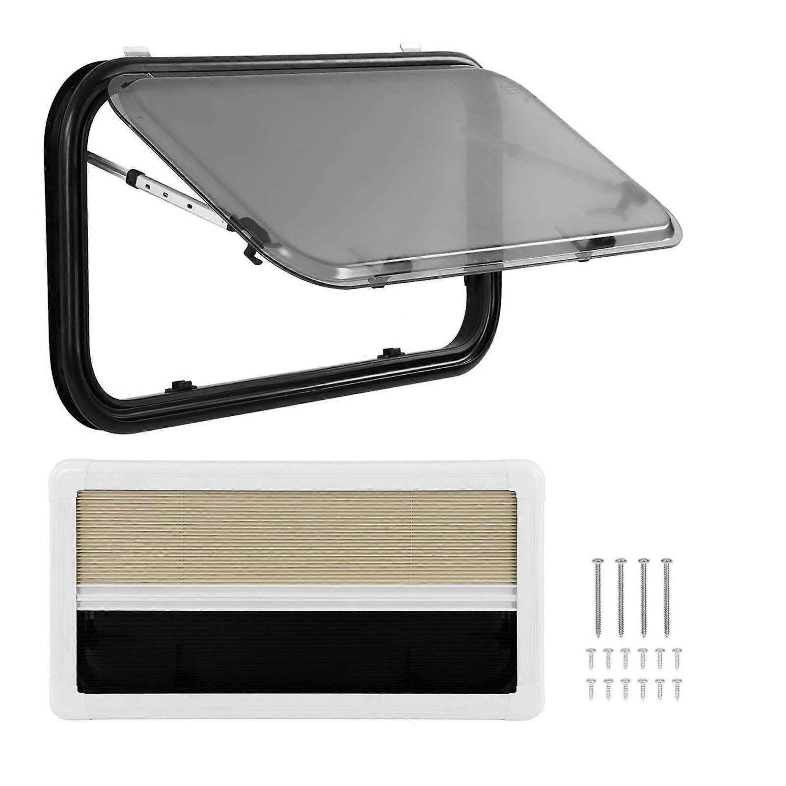 900 x 450 mm RV Sliding Window, Double Layer Acrylic Glass, 75° Opening Angle, Exterior Exit Window with Support Rod, Privacy Curtain, Mosquito Net