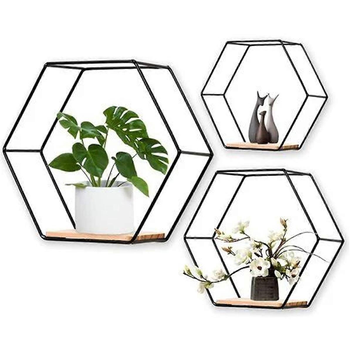 Hexagonal wall rack 3-piece set-small black + medium black + large black