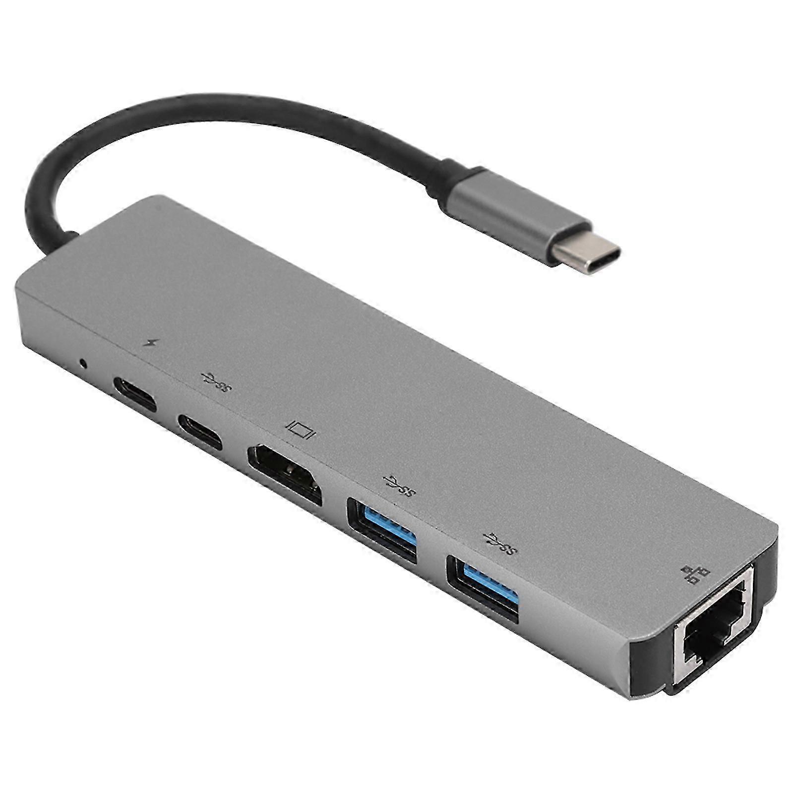 Lightweight Gray Metal 6 In-1 Usb C To Type C 3 Usb3.0 Hub Hdmi Rj45 Ethernet Mini Sdtf Otg Adapter