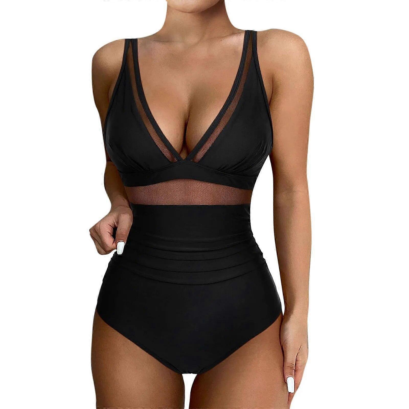 2024 New Sexy Swimwear Women One Piece Mesh Patchwork Swimsuit Female Deep V-Neck Bathing Suit Beach Wear Push Up Monokini Swim