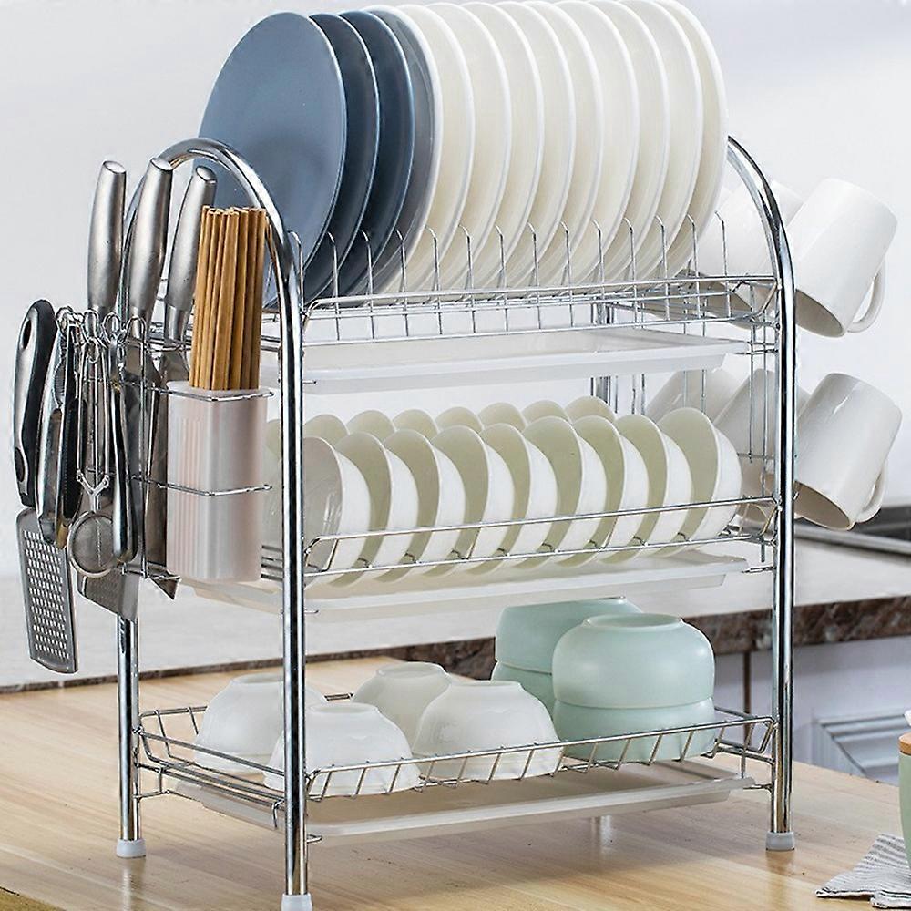 AS 3 Tiers Kitchen Dish Rack Multifunctional Drainer for Bowls Plates Cups Organizer Shelf - White C