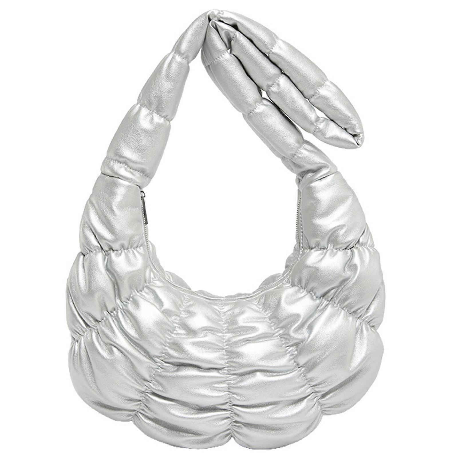 女性ファッションPUレザーキルティングショルダーバッグハンドバッグ大容量無地プリーツフグクロスボディバッグ財布シルバー