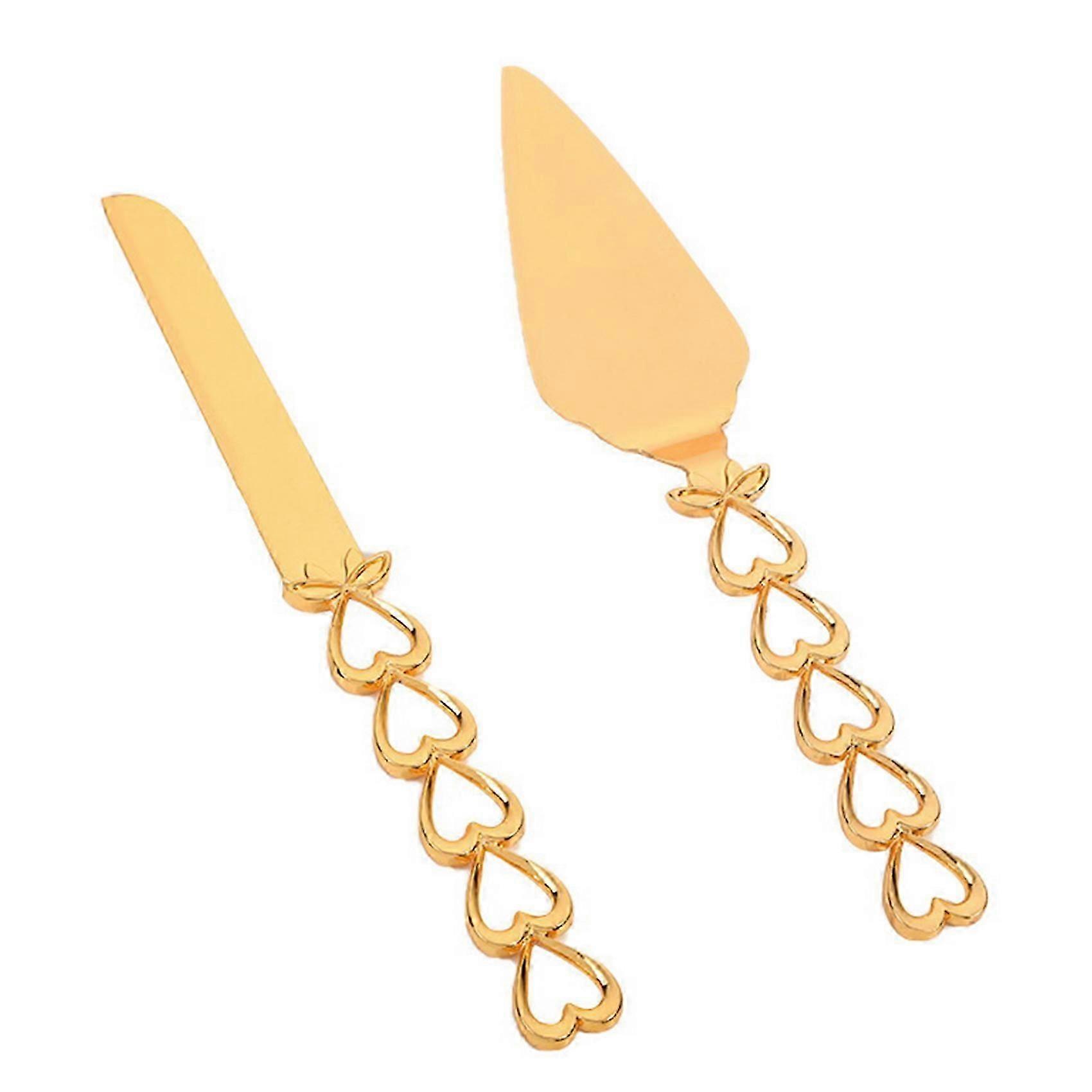 2Pcs Cake Cutter Rust-Proof Multi-Purpose Heart Shape Handle Golden Wedding Cake Knife Server Set f