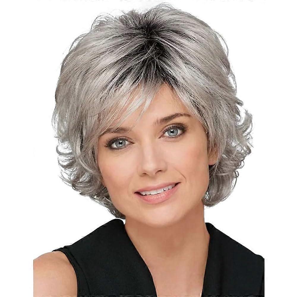 Fluffy Gray Women's Wig with Bangs Heatresistant Fiber Natural Styling Wig for Daily Use Suitable for Middleaged and Elderly Women