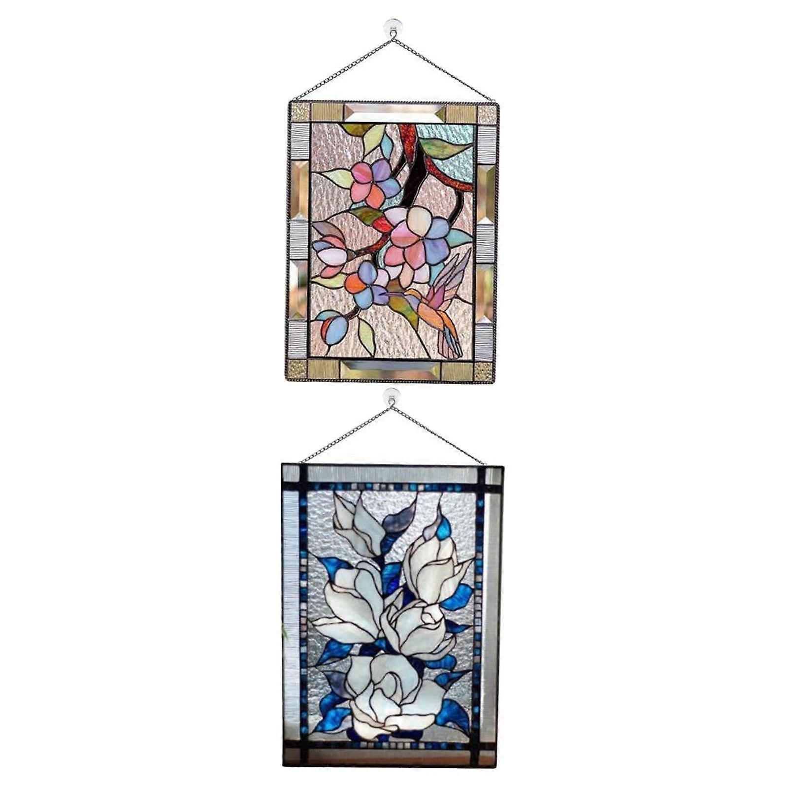 2x Stained Glass Rectangular Window Panel Handcrafted Wall Decor