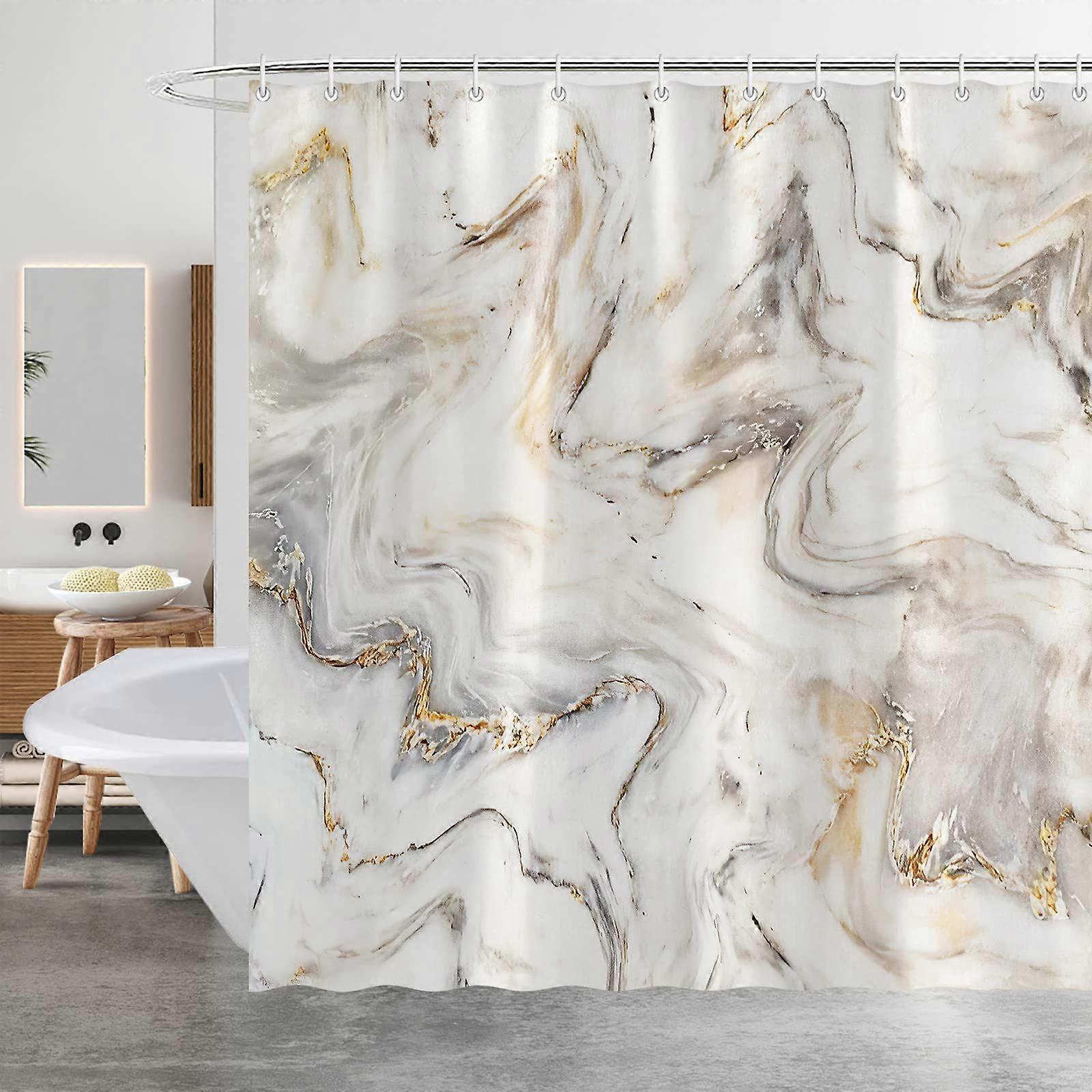 Mildew Proof, Mold Resistant, Waterproof, Polyester Marble Shower Curtain with 12 Hooks.