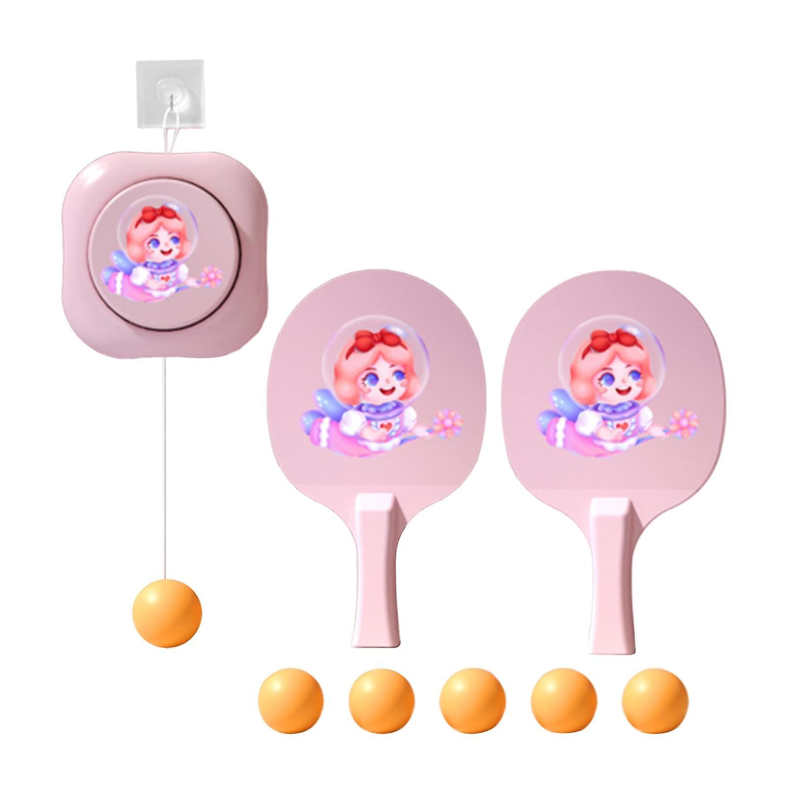 Hanging Table Tennis Trainer Set with 2 Bats, 5 Balls for Kids - Pink Training Equipment for Skill Development