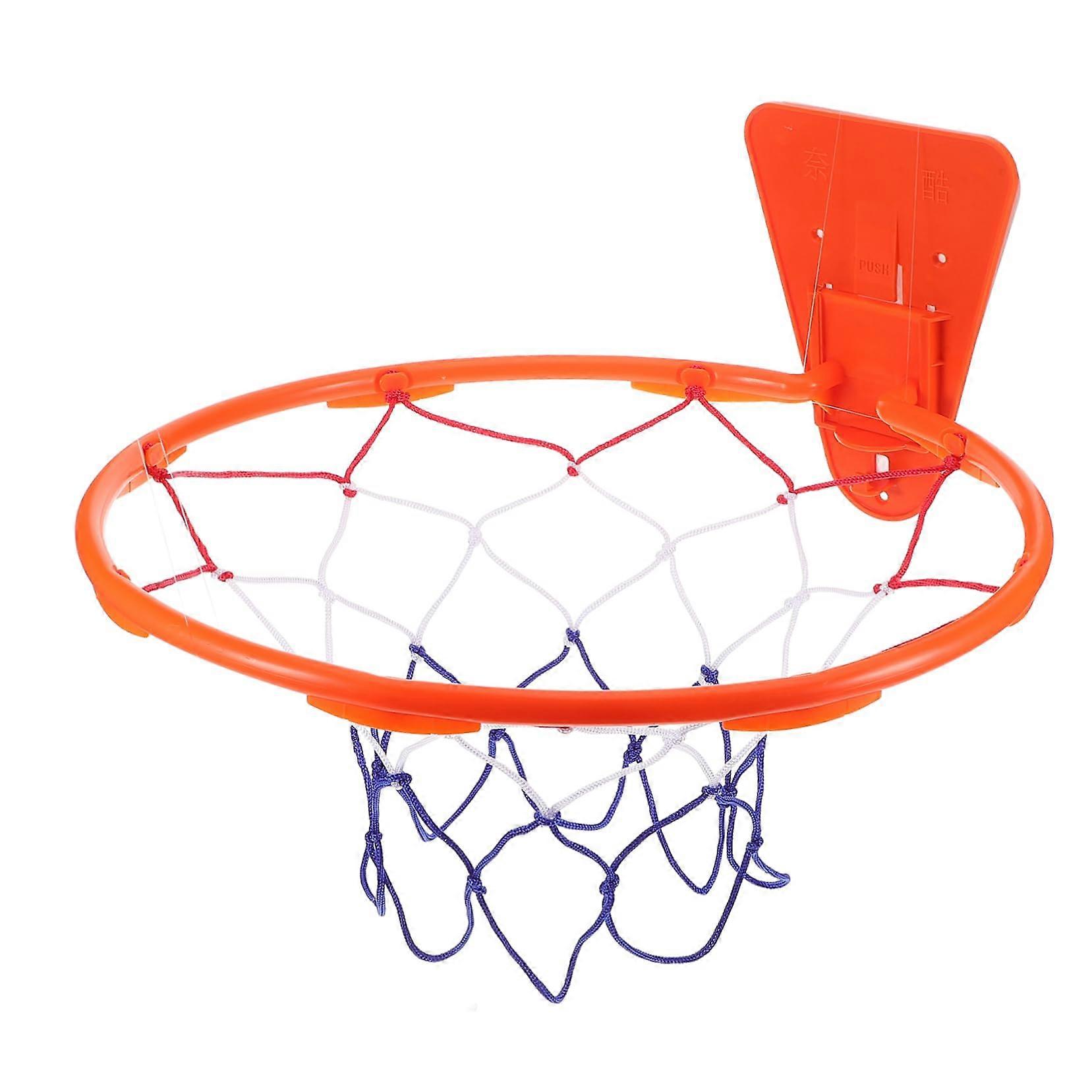 Wallmounted indoor basketball hoop with hanging backboard for boys' room, including installation accessories and quiet balls for basketball training.