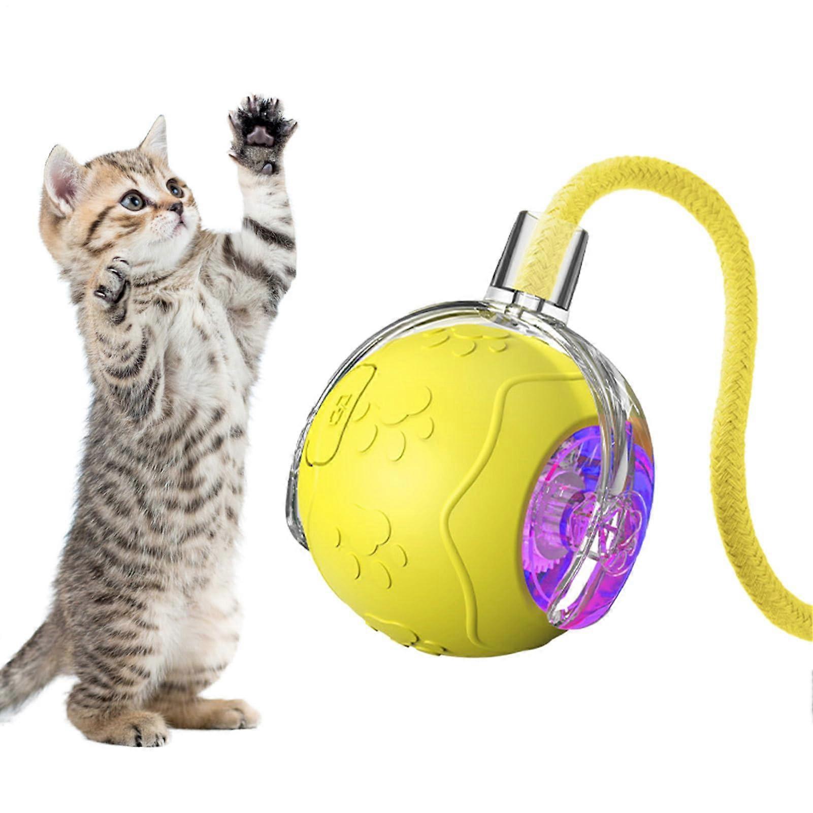 Interactive cat toy, moving ball Puzzle toy automatic rolling ball with rope Batteryoperated pet supply. Yellow.