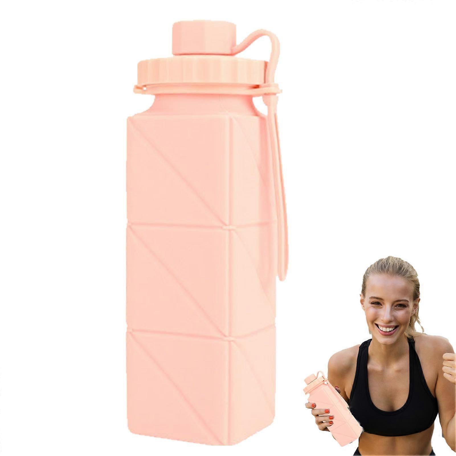Foldable Water Bottles, 600 Ml Capacity, Square Silicone Bottle, Collapsible Travel Bottle, Leakproof, Pink