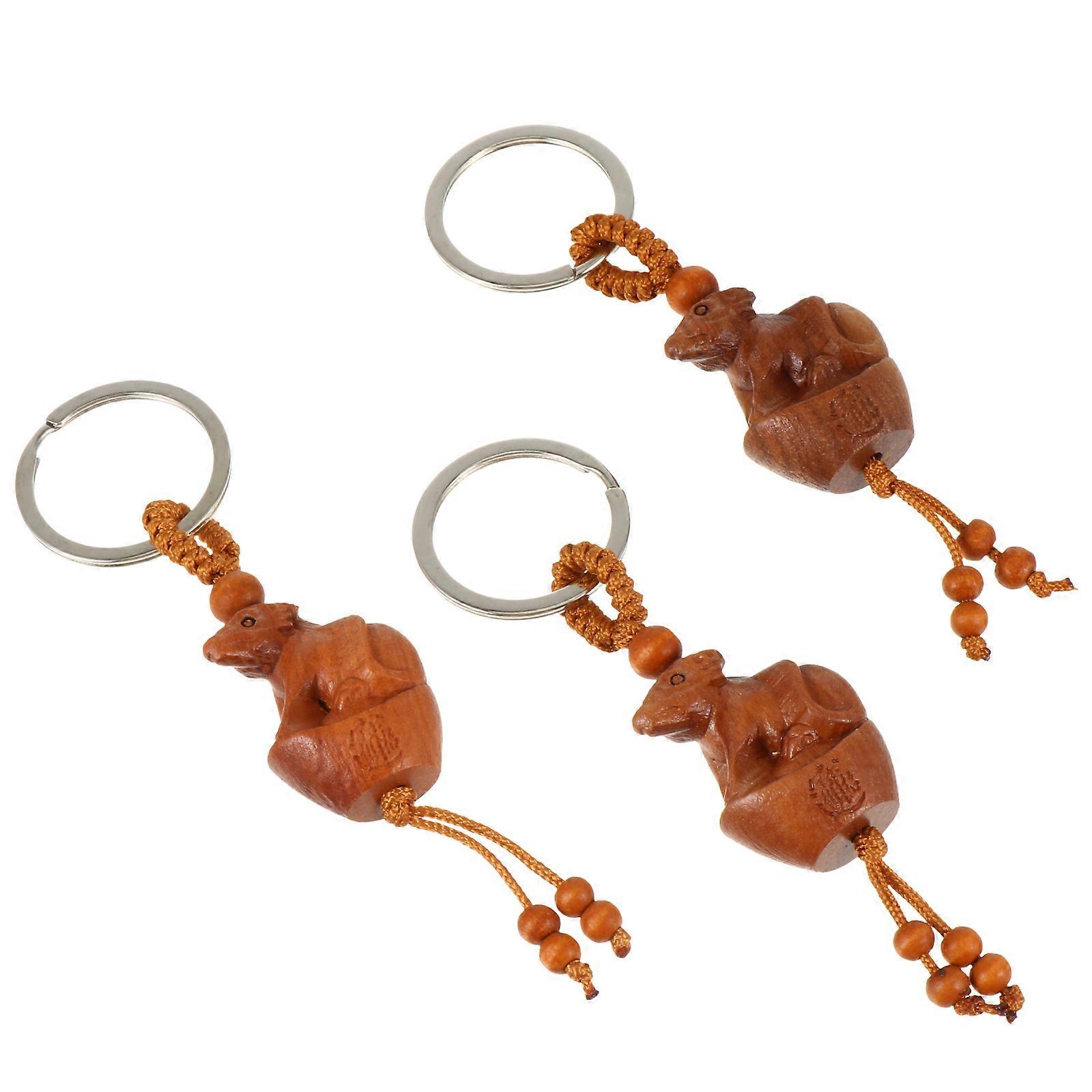 3pcs Delicate Zodiac Key Pendant Lightweight Keychain Car Decoration Fine Carved Wooden Bull Ornament Gift for Car Keys