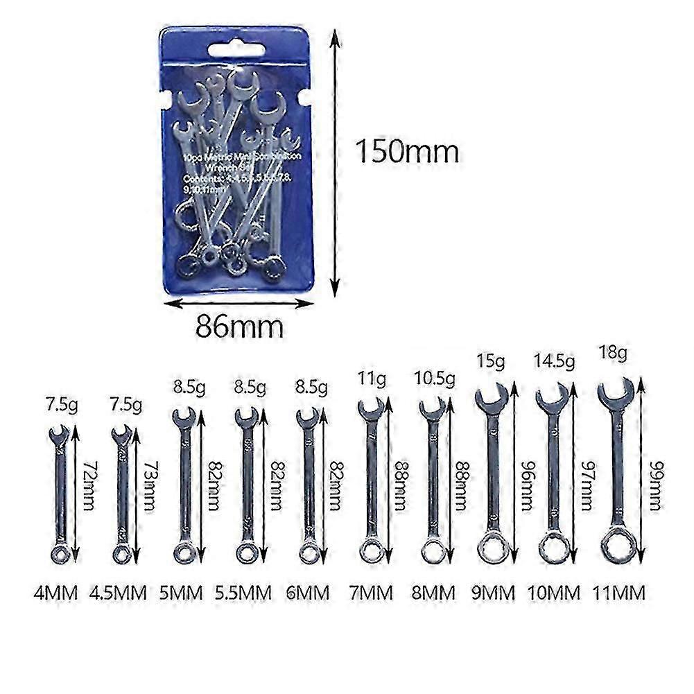 10Pcs/set Professional Mini Combination Wrench Spanner Set 4-11mm Metric Small