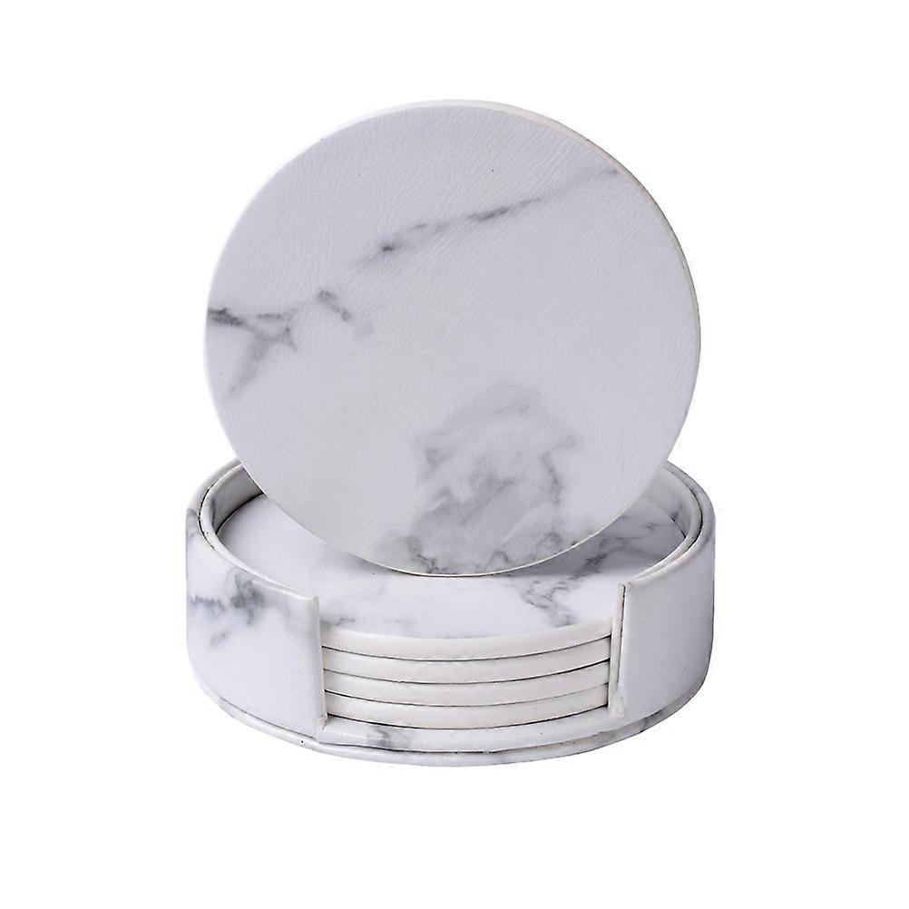 Stylish White PU Coasters with Holder Set for Placing Cups Protect Table from Drips 7 Pieces Including 1 Holder