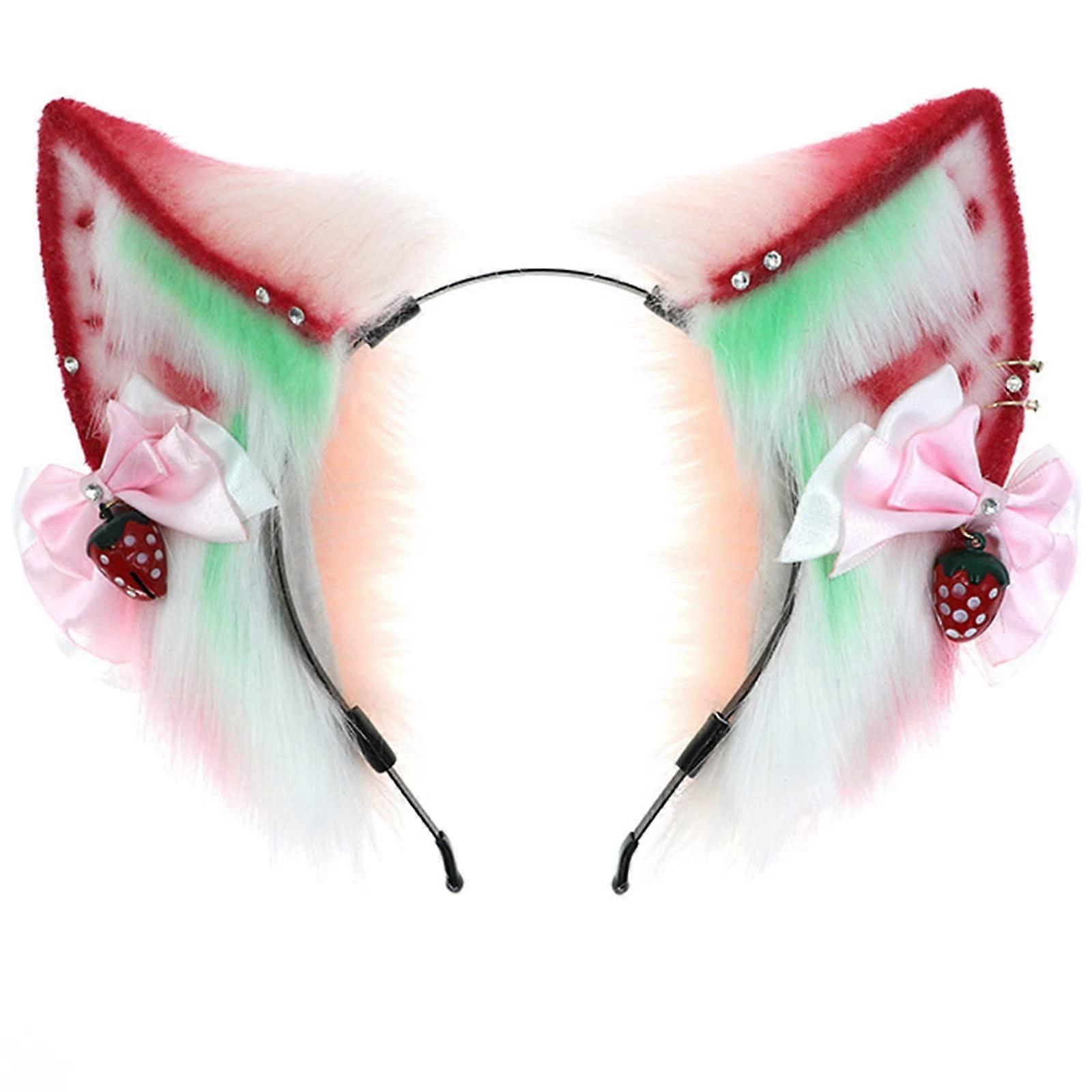 Creative Simulation Animal Strawberry Cat Ears Plush Headband with Bowknot, Comfortable Animal Headwear for All Occasions