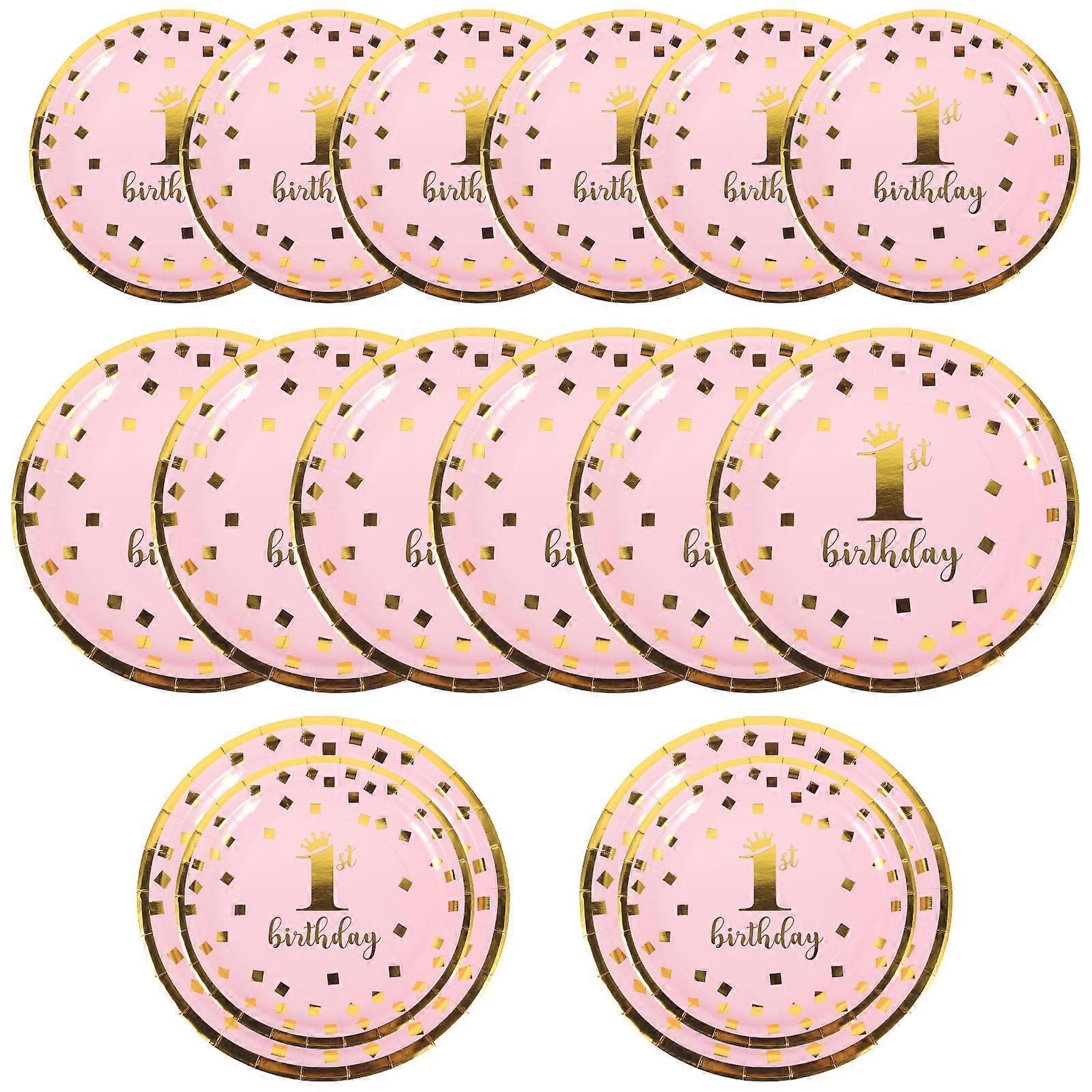 Décorations pour une fête d'anniversaire de 1 an : 16 assiettes roses en carton au design élégant