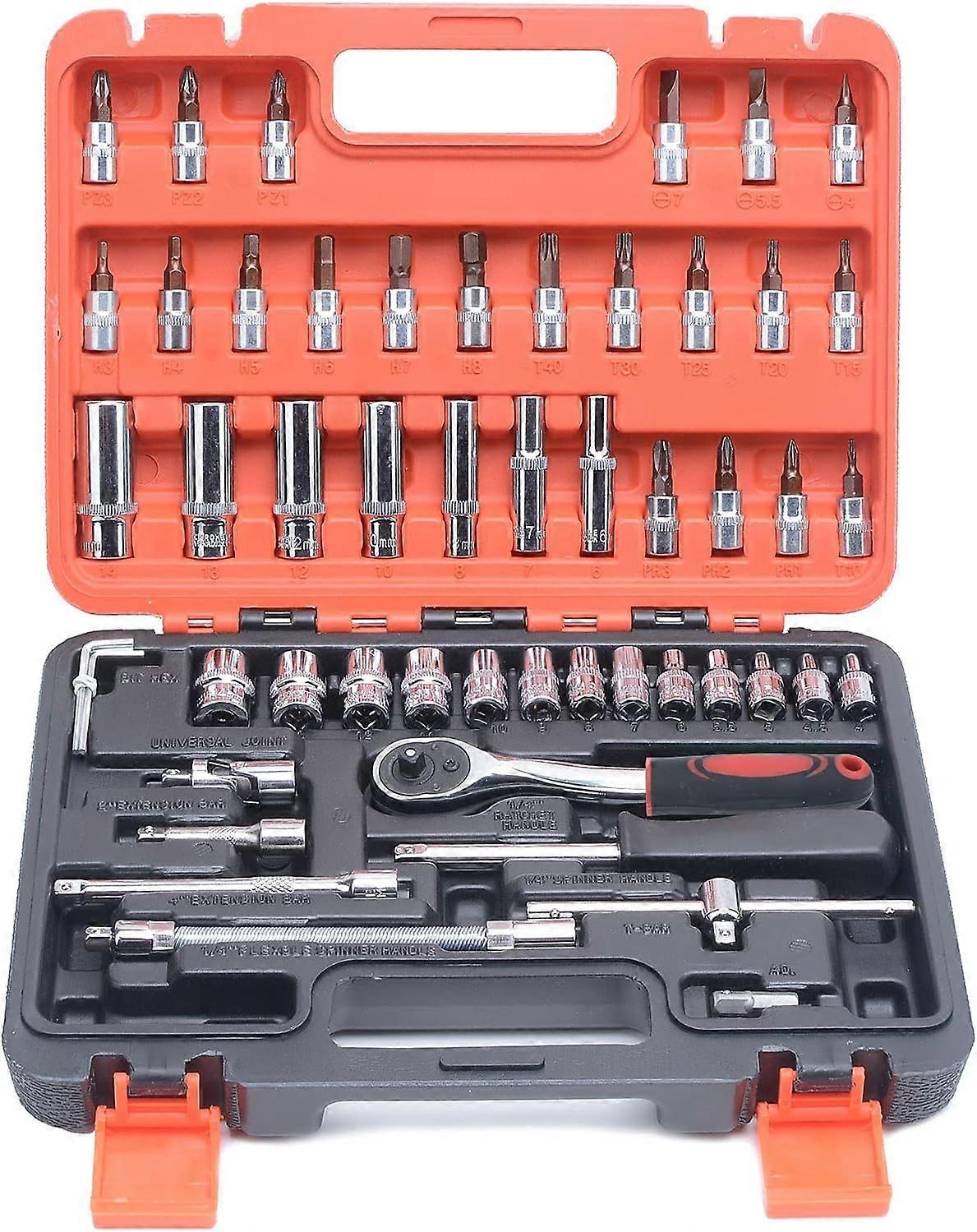 TRIO 1/4" Socket Set 53pcs Socket Set with Ratchet Wrench, Sockets, Bits, Screwdrivers, Extensions, Hex Keys, Socket Wrench Mechanics Tools
