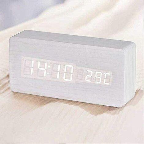LED Wooden Digital Alarm Clock Desk Date Temperature Humidity Display 12/24 Hour (White)