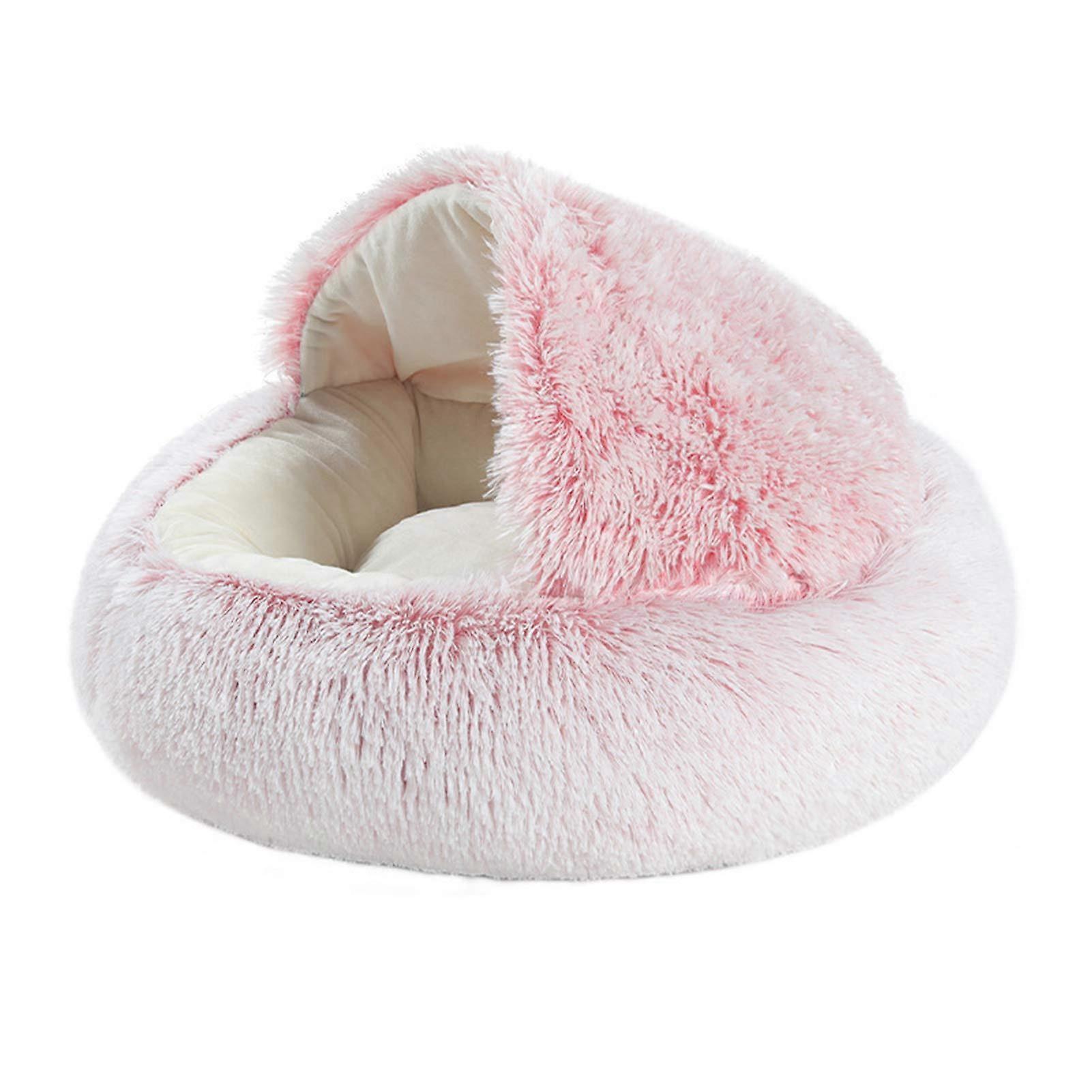 2in1 Round Plush Pet Cat Dog Sofa Bed, Winter Warm Nest, Pink, Size L, NonSlip Bottom, For Cats Or Small Dogs