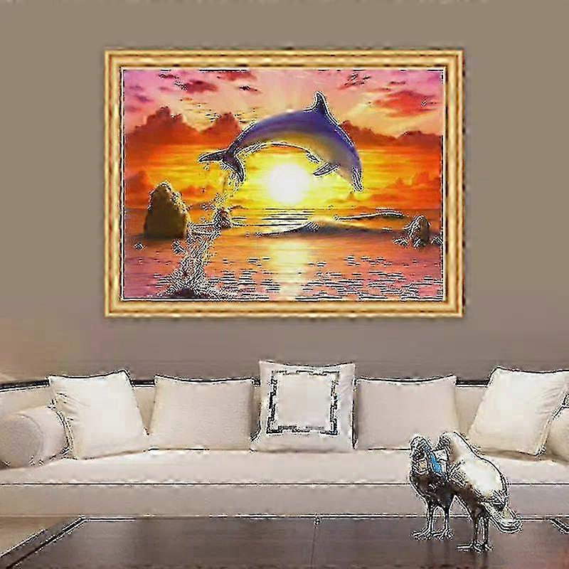5d Diy Round Diamond Painting, Jumping Dolphin Pattern, Mosaic Decorative Painting Set, Without Frame