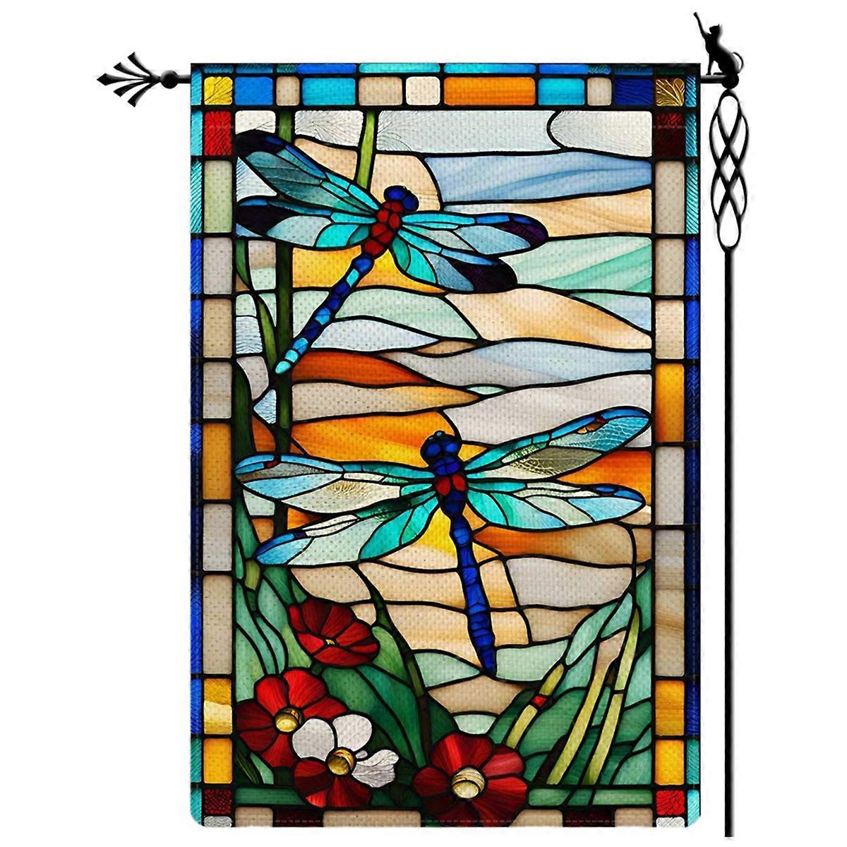 Dragonfly Garden Flag Glass Style Flowers Garden Flag Vertical Double Sided Rustic Farmland Burlap Y