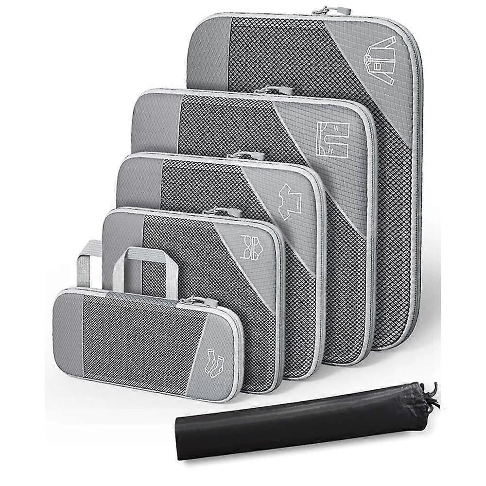 Compression Packing Cubes For Travel 6Piece Large Expandable Set With Mesh Ventilation Nylon Gray