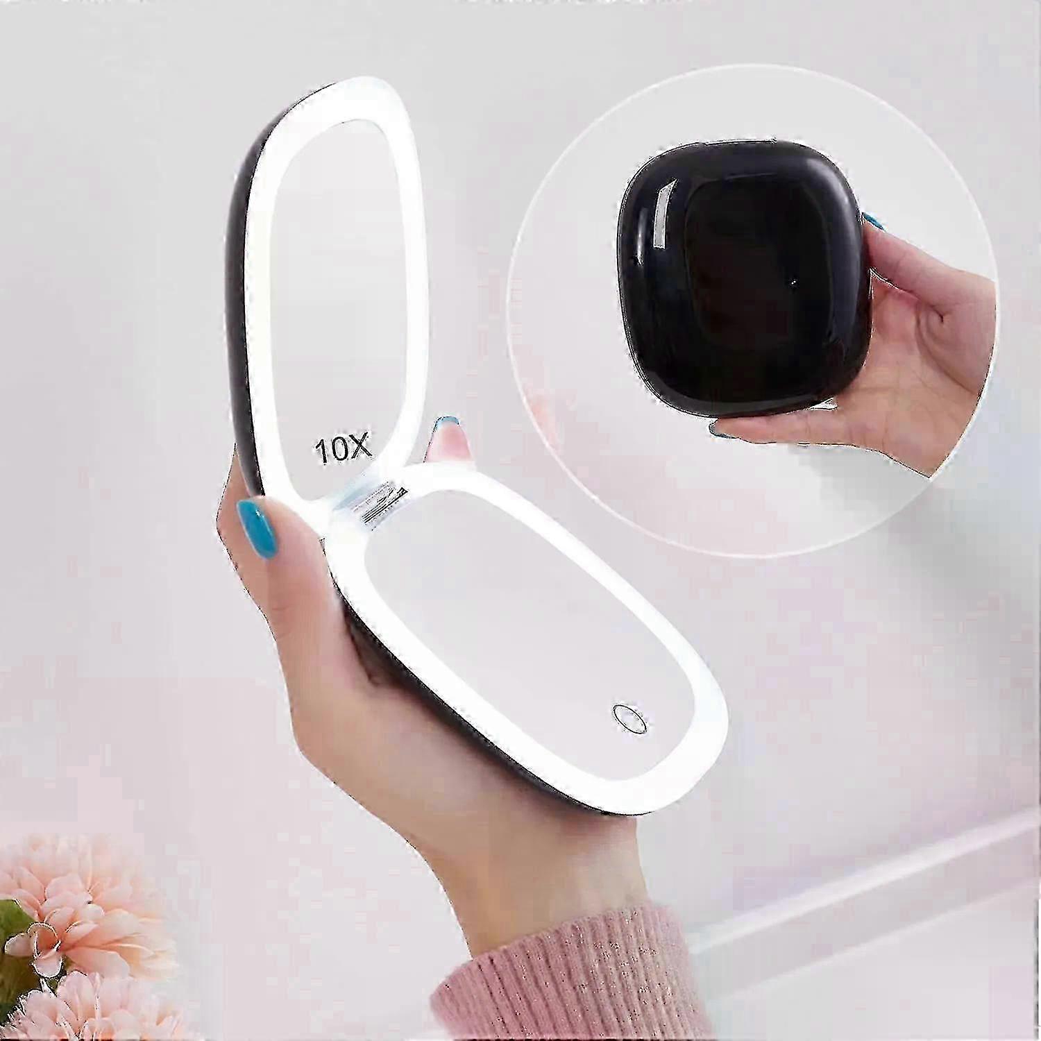 Compact LED Magnifying Travel Makeup Mirror 1X/10X Small Hand Pocket Dimmable 2-Sided USB Rechargeable Touch Screen Portable