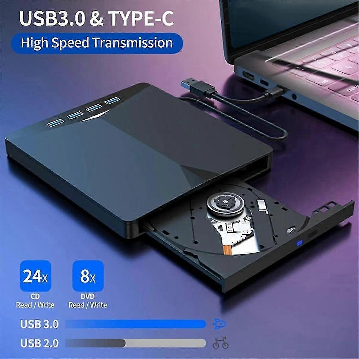 USB 3.0 Type-C External DVD RW CD Drive Burner Reader Player External Optical Drive for PC Laptop Desktop Computer