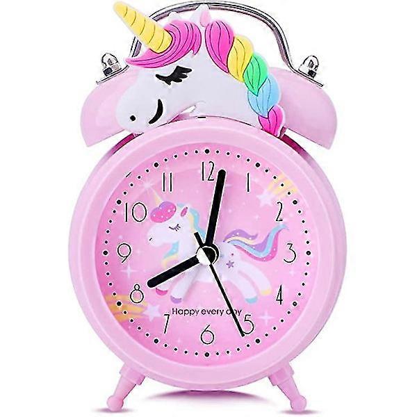 Unicorn Alarm Clock for Girls, Non-Ticking Alarm Clock for Kids, Quiet Pink Bedside Alarm Clock, Classic Double Clock with Backlight