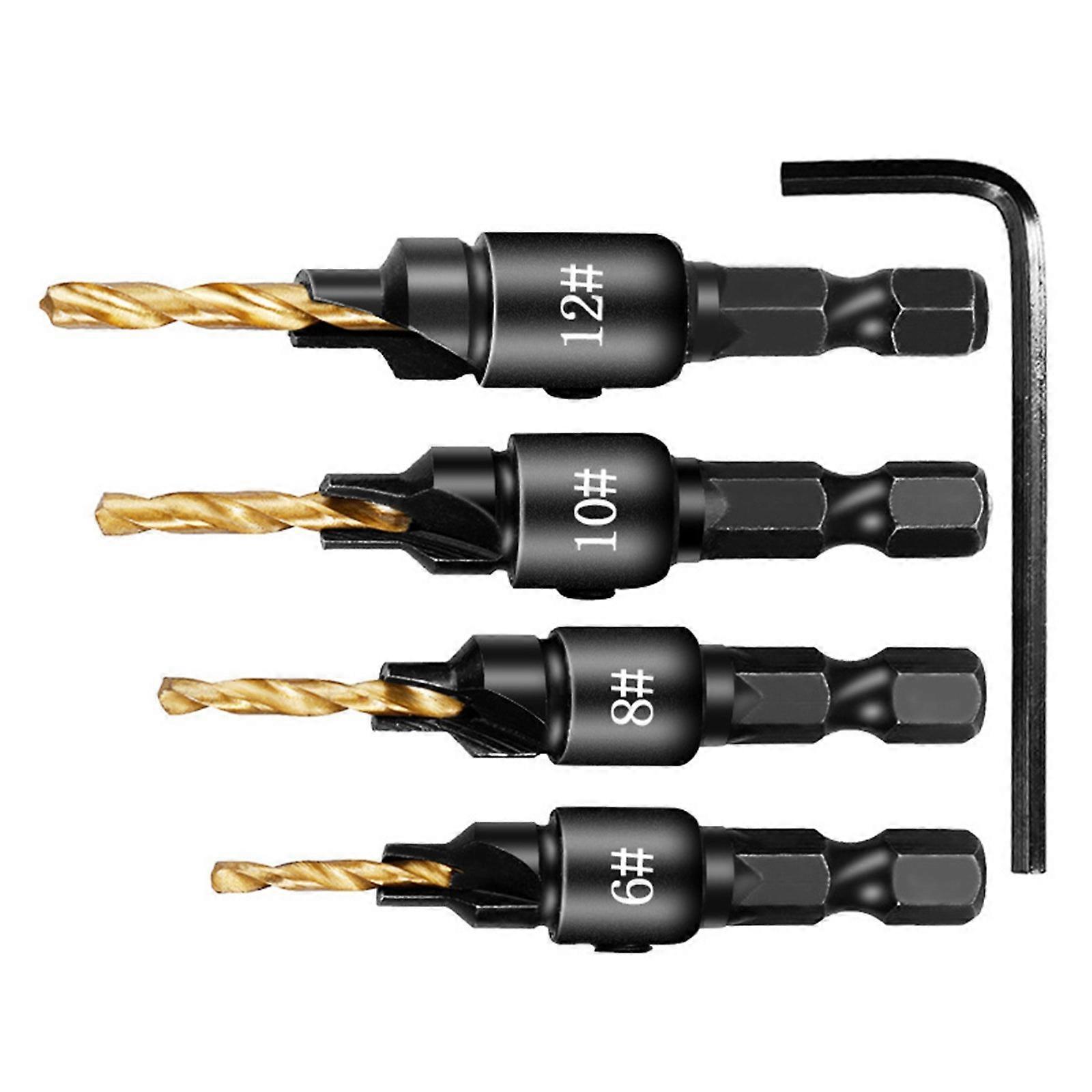4Pcs Countersink Drill Bit Set Quick Change 1/4inch Hex Shank Adjustable Countersink Set Replaceable Drill Bit Woodwork Multicolor