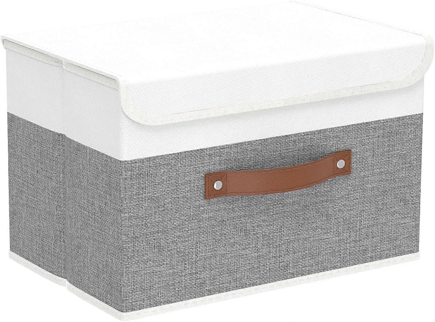 File Organizer with Expanding Folders and Lids, Washable Cube Storage Baskets with Leather Handles for Home Closet