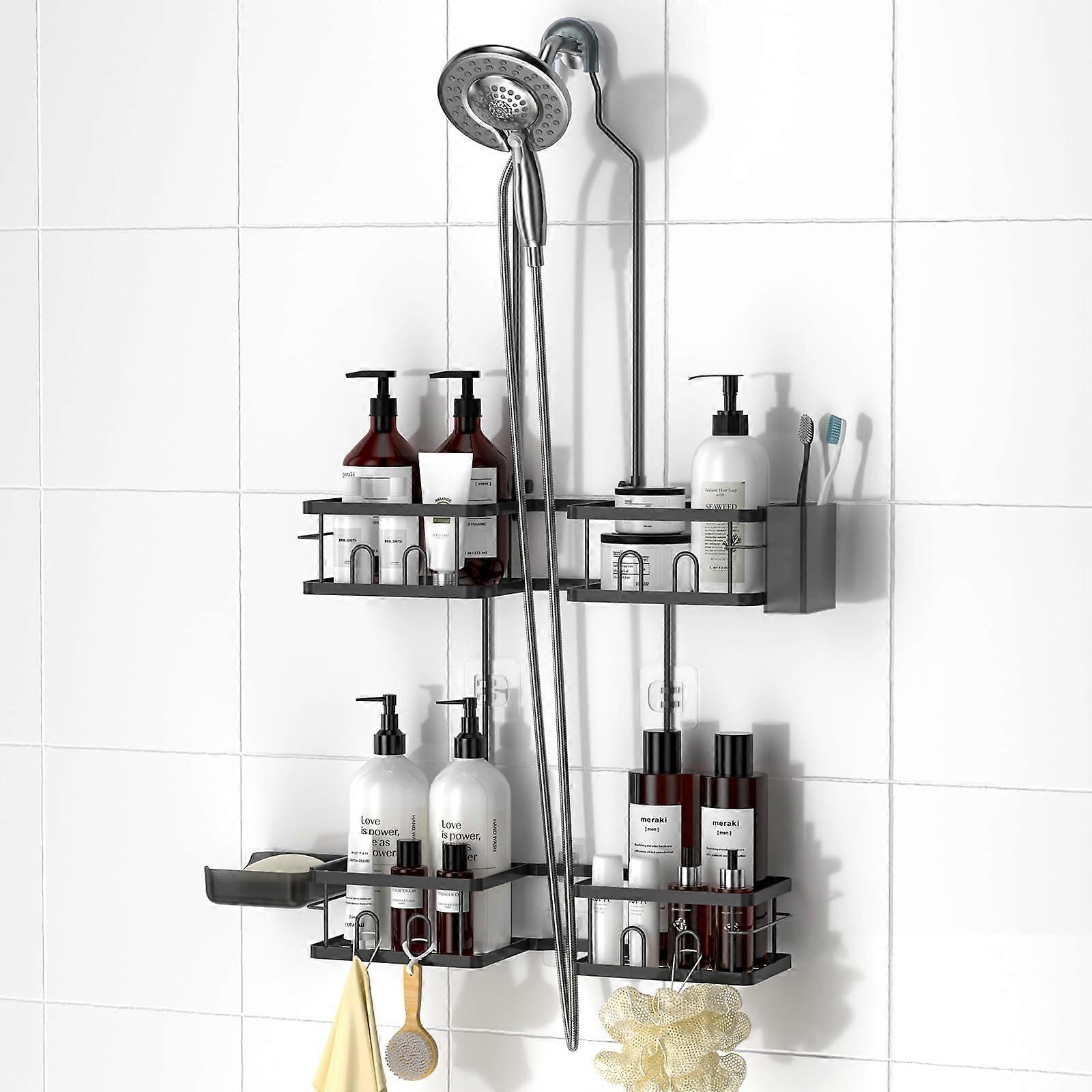 Adjustable Shower Caddy Rustproof Stainless Steel Organizer with Hooks for Handheld Showerheads, Black