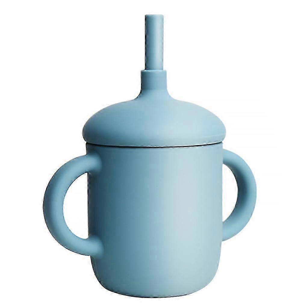 150ml Baby Silicone Sippy Cups NonSlip Learning Cups With Straw 2 Handles Dark Blue