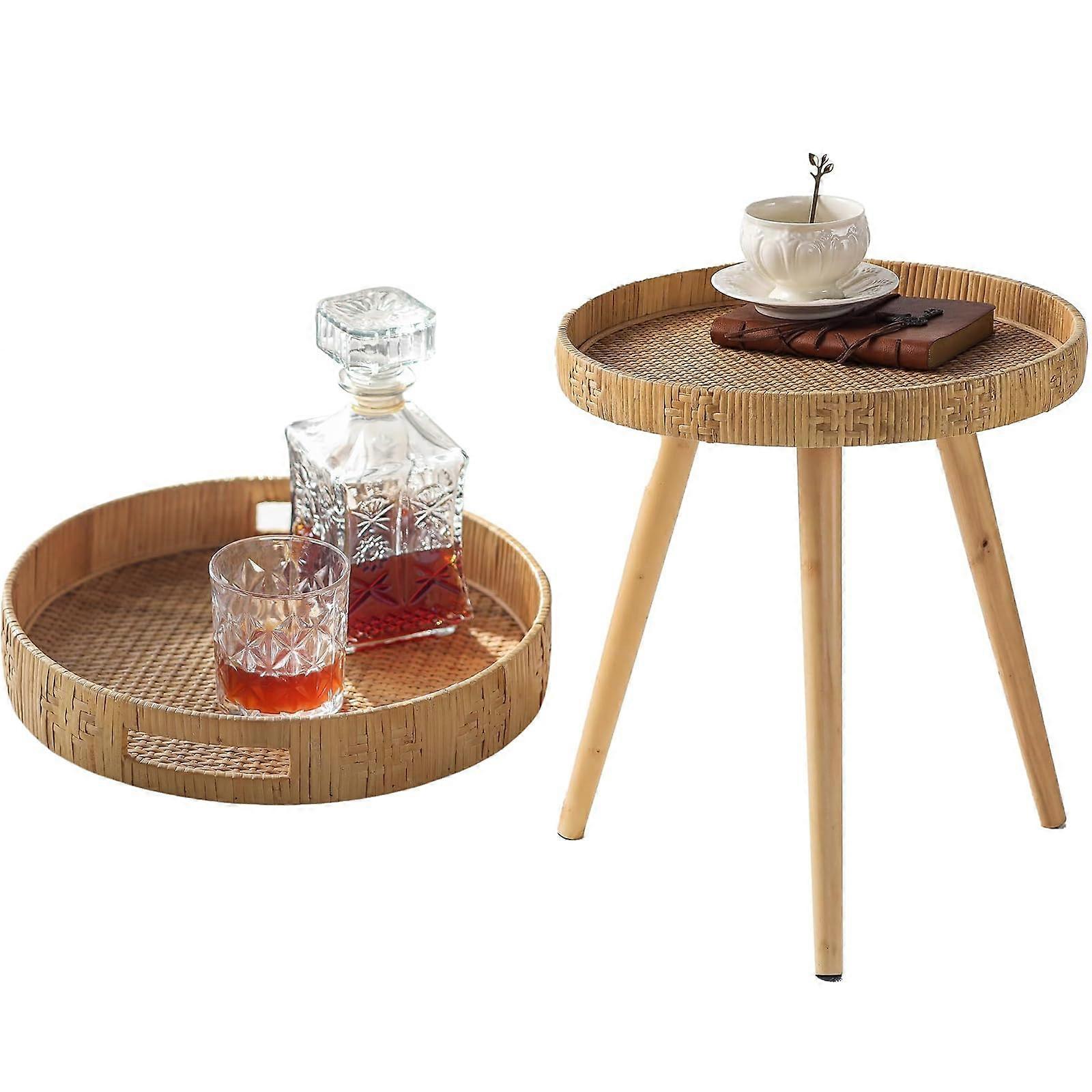 Round Rattan Side Table with Solid Wood Legs and Boho Serving Tray for Living Room Decor