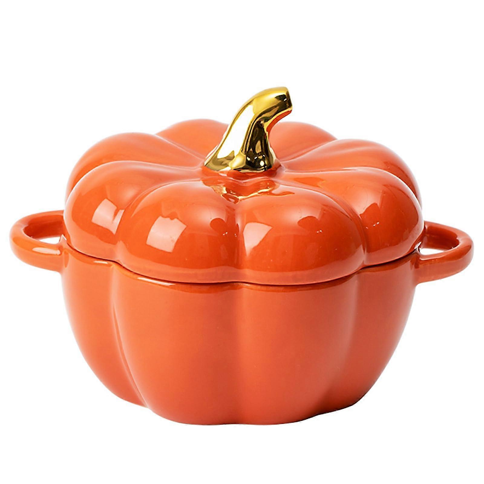 Pumpkin Dutch Oven with Lid, Orange Ceramic Casserole Dish, Stackable Bakeware with Handles