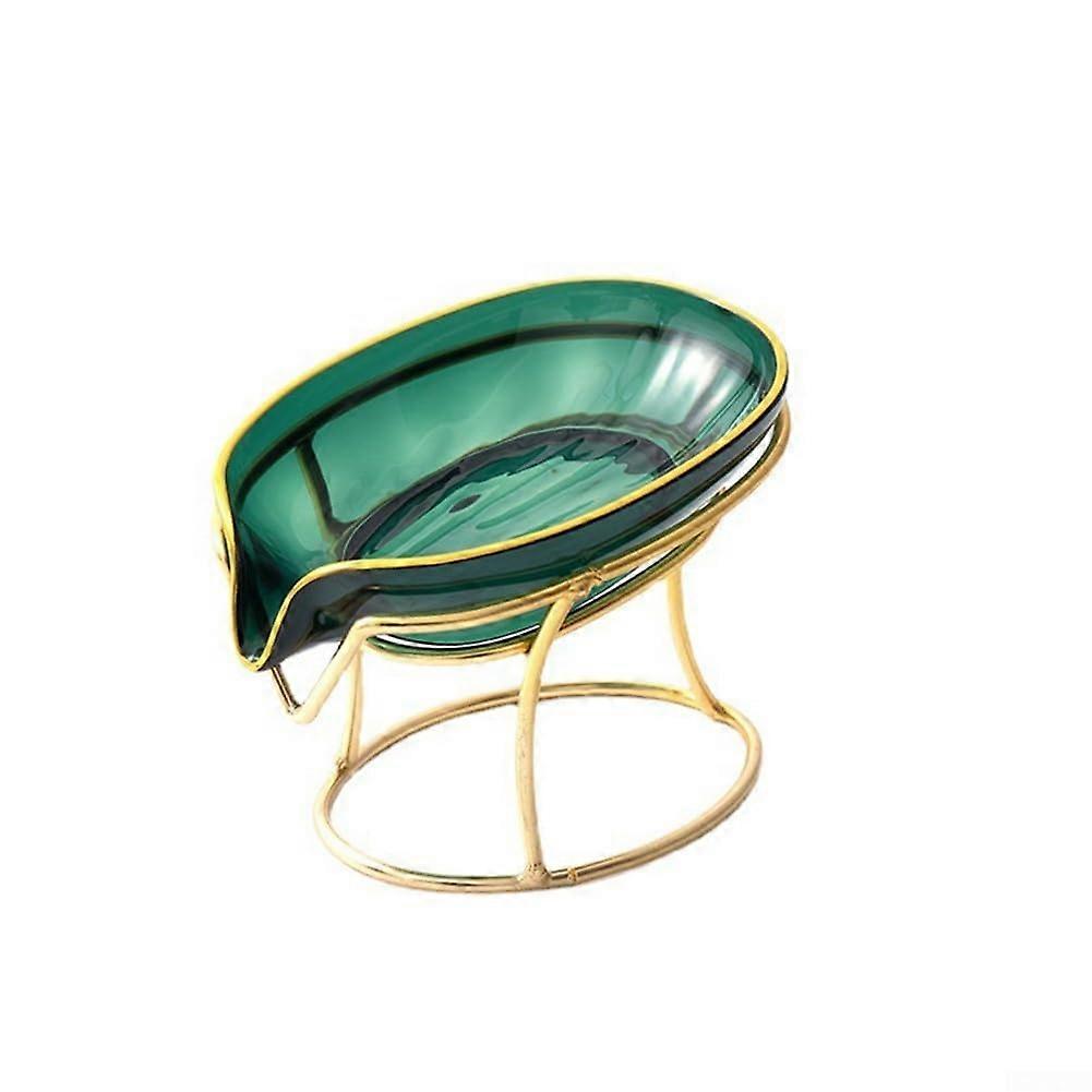 Leaf Shape Self Draining Soap Dish with Metal Base for Modern Bathroom and Kitchen  Green