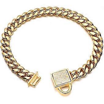 Gouden hondenkettinghalsband 10 mm breed, Cubaanse schakelhalsband, puppyhalsband van 316L roestvrij staal met CZ diamanten sluiting, blinghalsband voor kleine honden (10 mm goud, 25 cm)