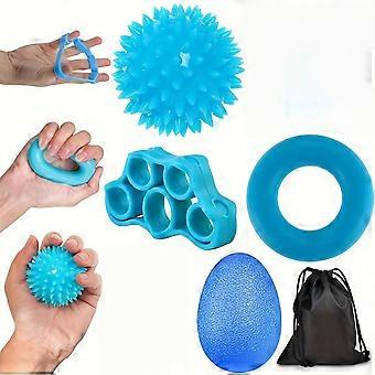 Blue Hand Training Set, Finger Trainer with Spiky Massage Ball, Grip Strengthener for Stress Relief