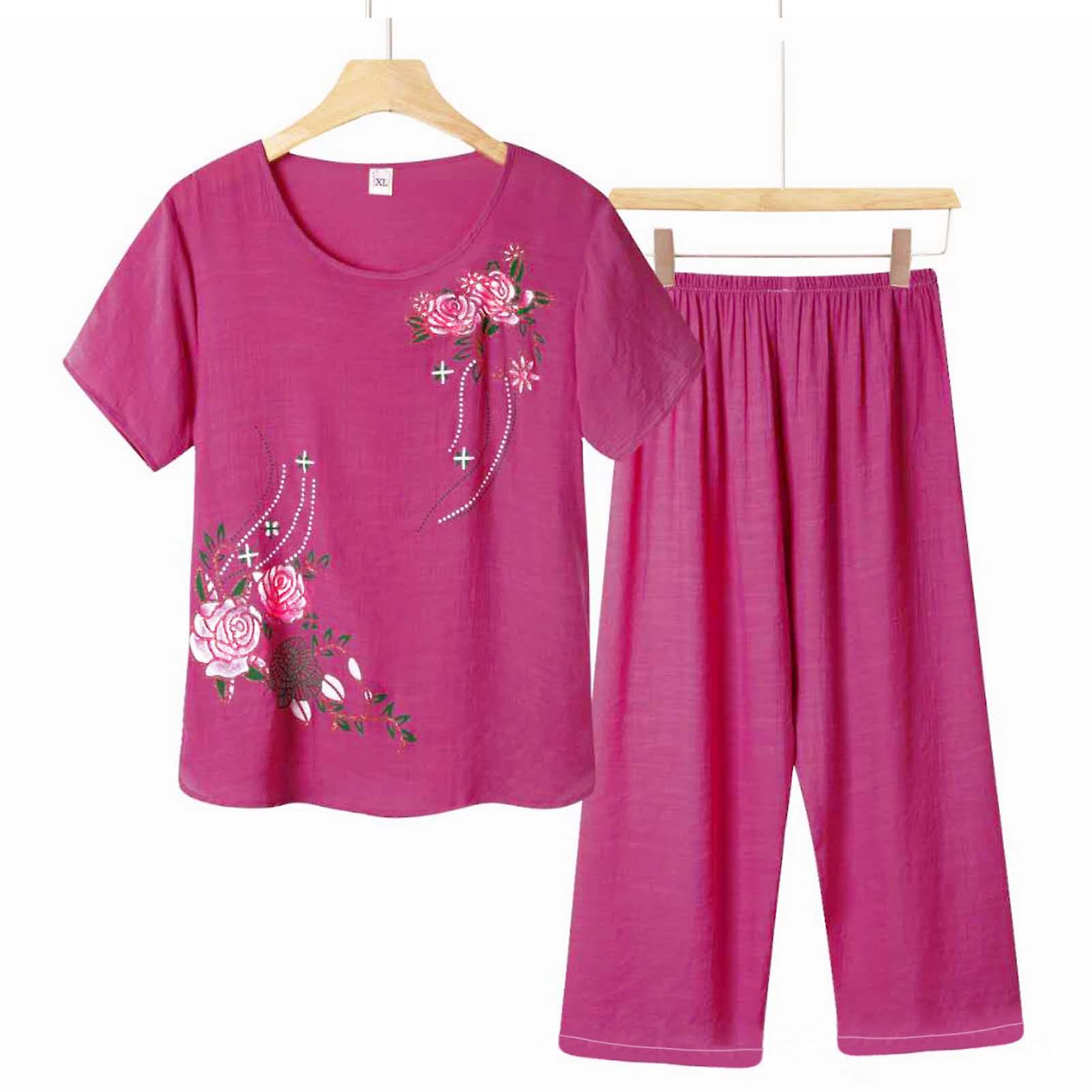 Women's Summer 2 Piece Outfits Cotton And Linen Printed Loose Homewear
