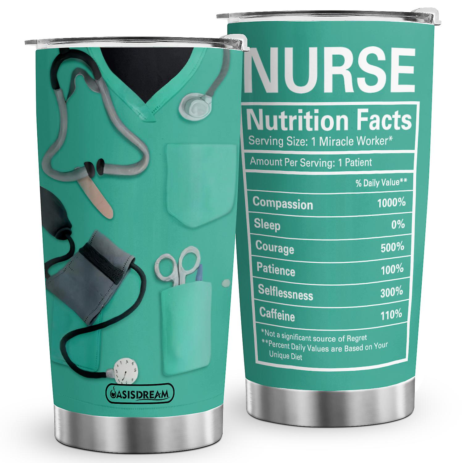 Oasisdream 20oz Nurse Nutrition Facts Tumbler Double-Walled Stainless Steel Insulated Travel Coffee Cup with Lid