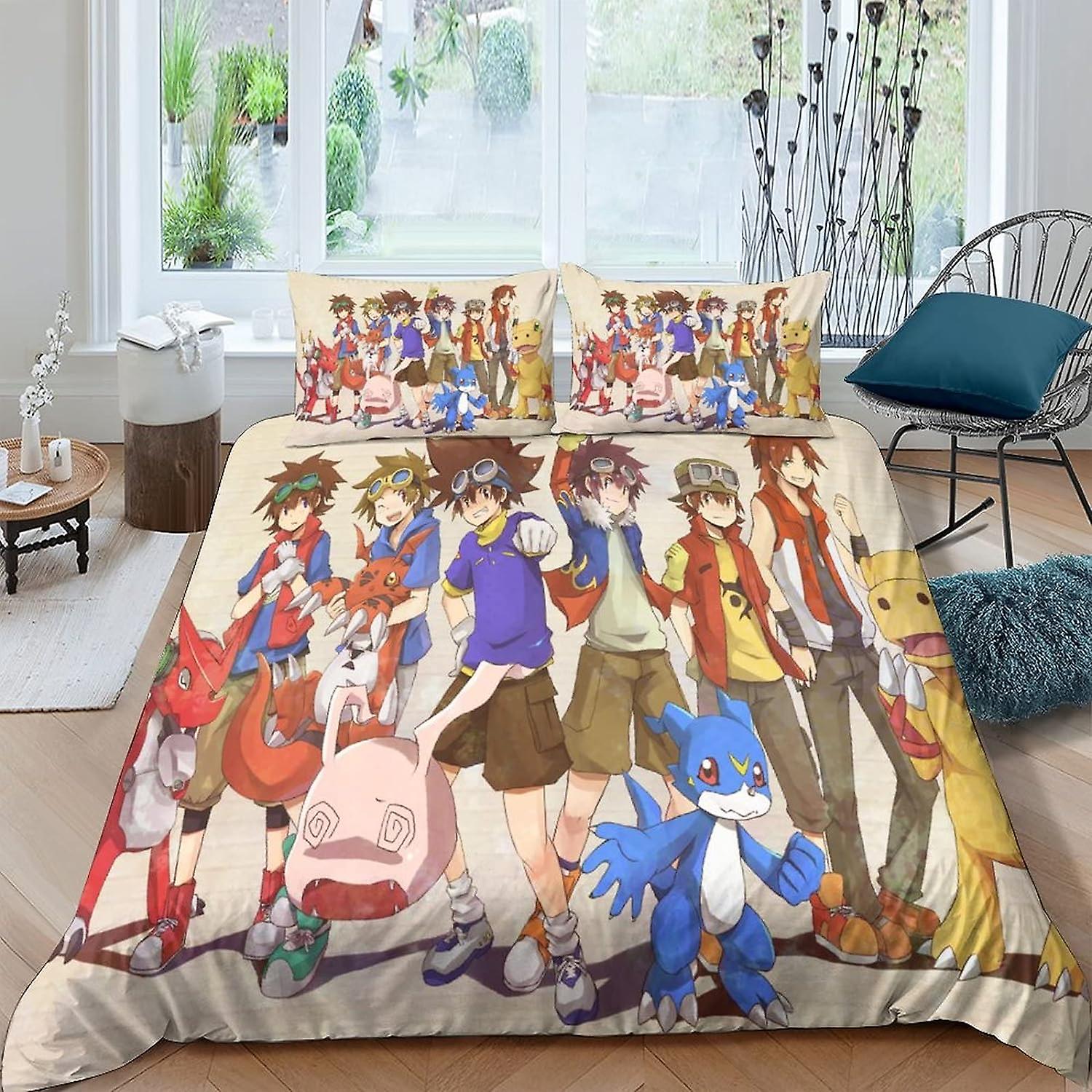 EKENOZ Digimon 3D Print Poszwa na kołdrę Pościel, 3 Szt Zestaw Anime Game Poszewka na kołdrę Poszewka na poduszkę z zapięciem na zamek błyskawiczny Miękka mikrofibra Podwójna