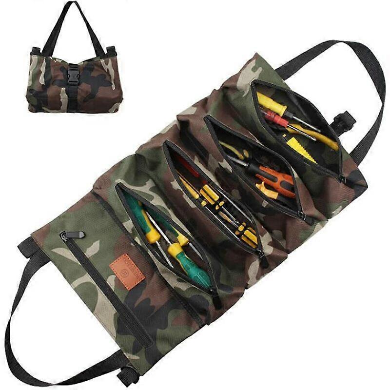 Tool Bag 5 Zipped Pockets, Tool Roll Car Bag, Canvas Tool Roll Bag, Zipped Tool Roll Pocket, Foldable (tools not included, Jungle Camouflage)