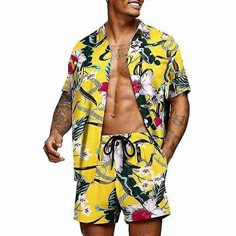 Button Down Shirt Mens Beach Short Sleeve Casual T Shirts Two Piece Hawaiian Set