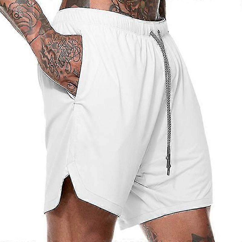Men Running Shorts Gym Workout Trousers Jogging Half Pants Sweatpants With Pockets(white)