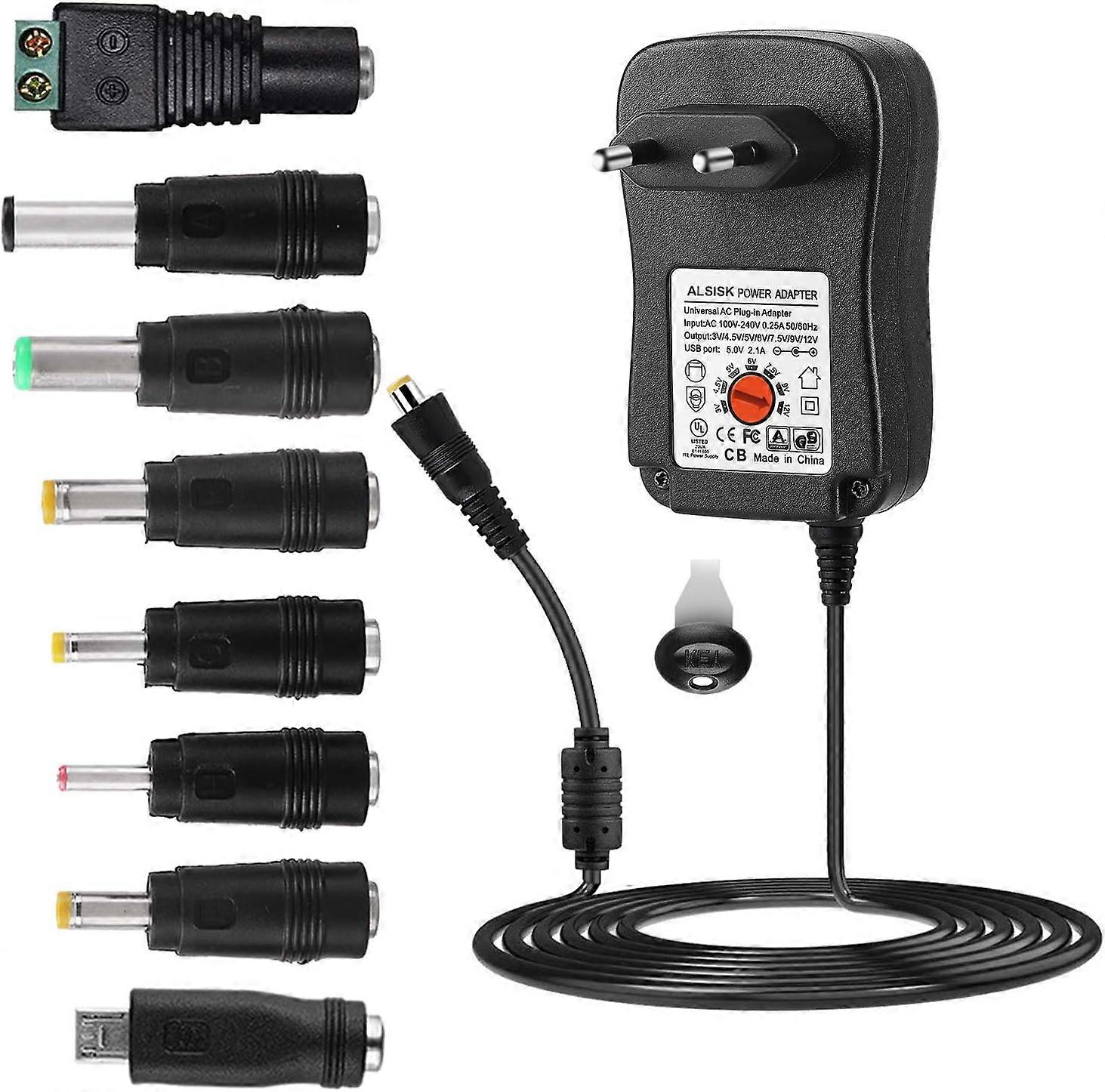 Universal DC Multifunction Power Supply, 100-240V to 3V/4.5V/5V/6V/7.5V/9V/12V, MAX 2A (2000mA), 30W, Travel Adapter (USB included), CE Approval + 8 D
