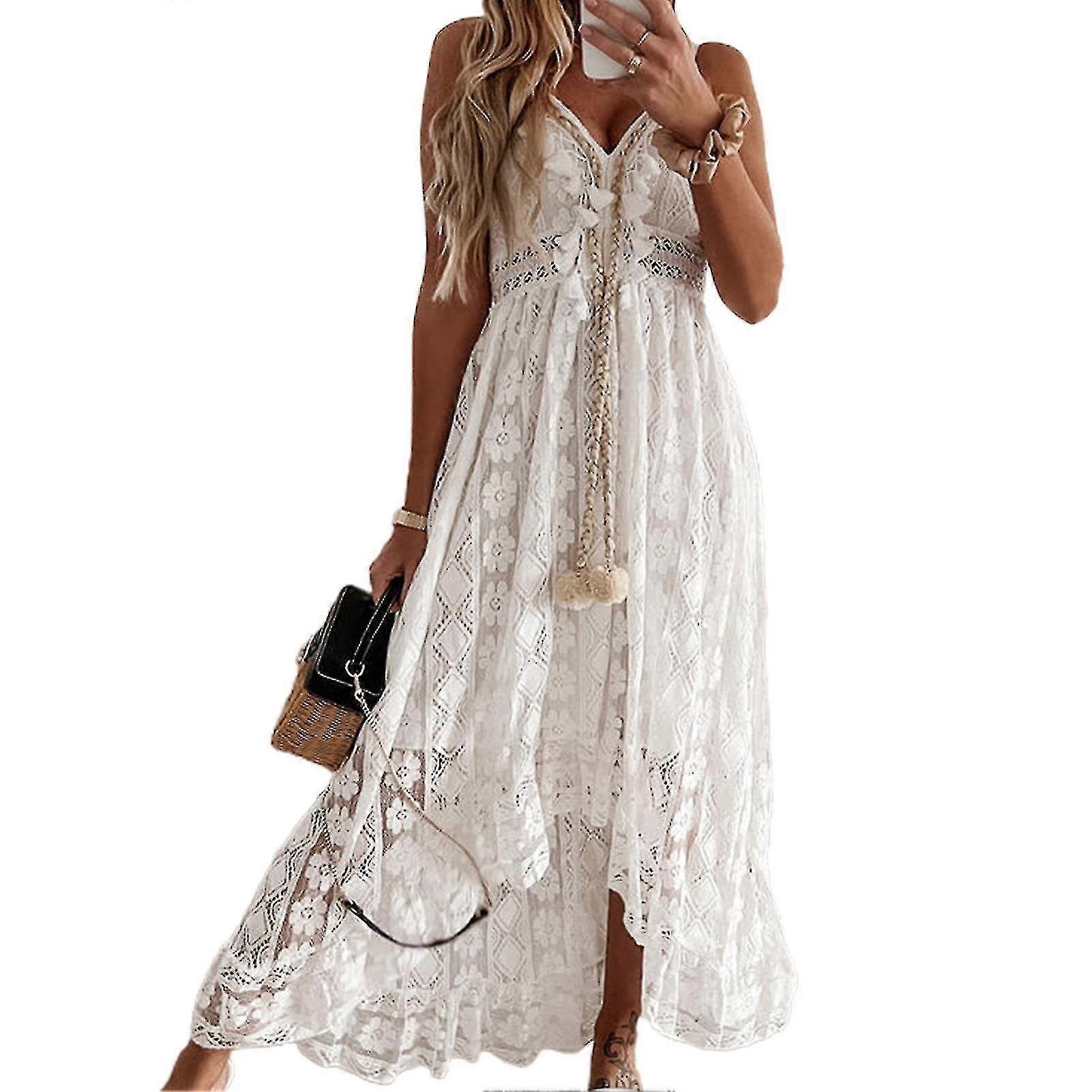Damklänning Spets Stor Fåll Sommar Elegant Spaghetti Strap Midi-klänning För Fest
