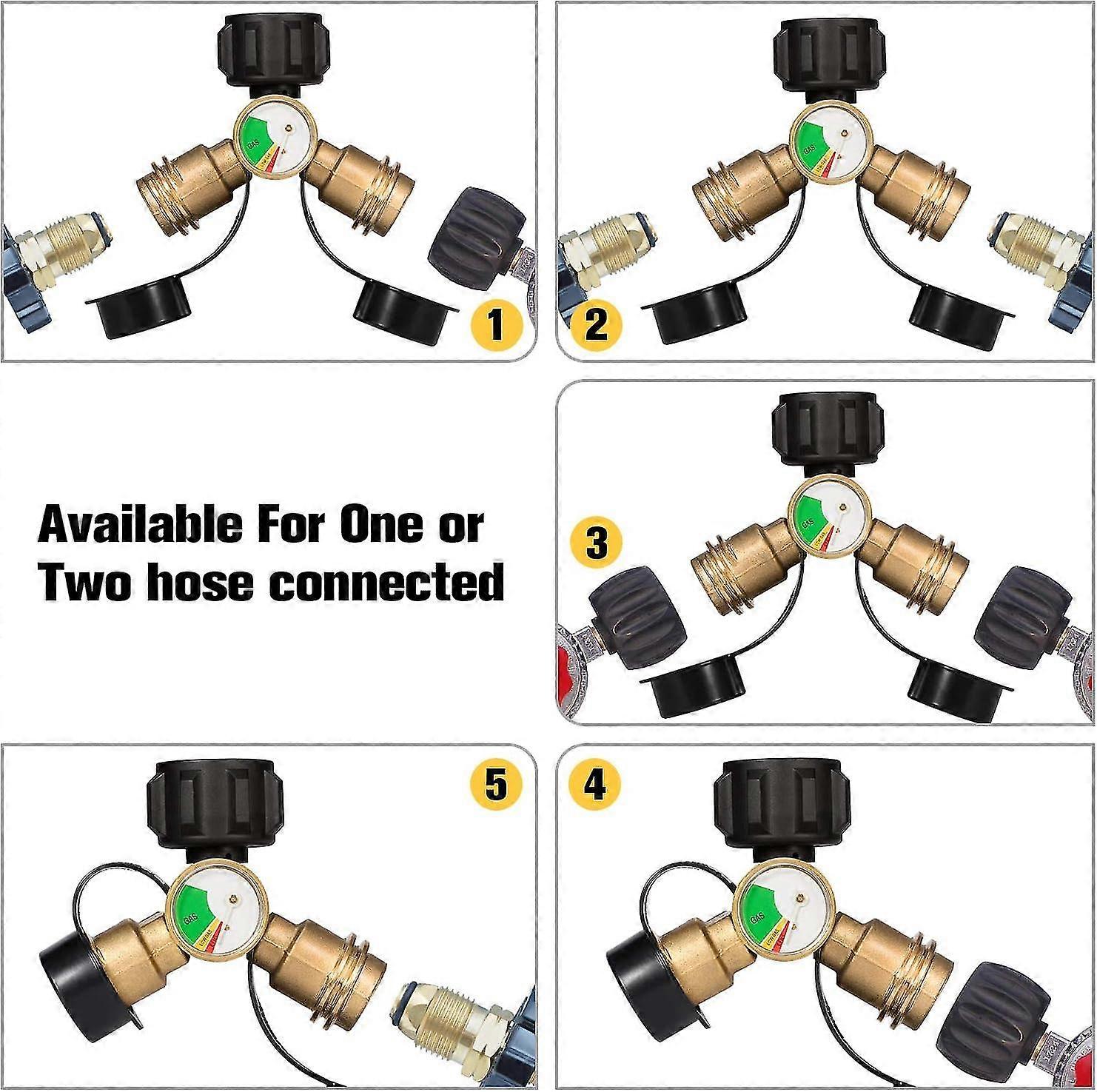 thumbnail image 2 of Propane Y Splitter Adapter With Gauge – LP Gas Tank Hose Dual Tee Connector Valve, Brass 2 of 4