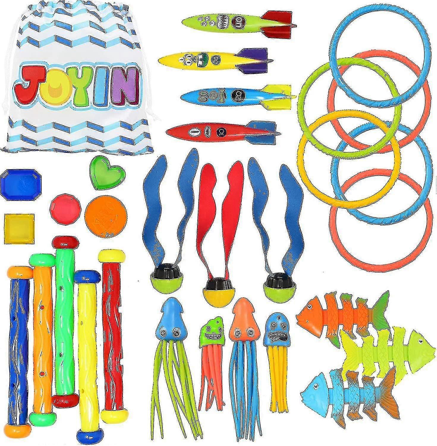 30 Pz Diving Pool Toys Jumbo Set Con Custodia Include (5) Immersioni, (6) Anelli Da Immersione, (5) Tesori Pirata, (4) Banditi Toypedo, (3) Immersioni