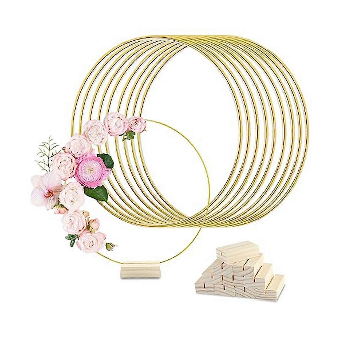 10Pcs 12In Metal Floral Hoop Centerpiece with Stand for Table,Macrame Gold Wreath Ring Centerpiece
